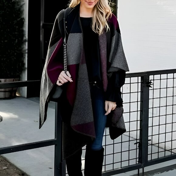 Madden Gray Purple Blue Plaid Color Block Poncho Shawl Blanket Sweater Jacket - Picture 1 of 5